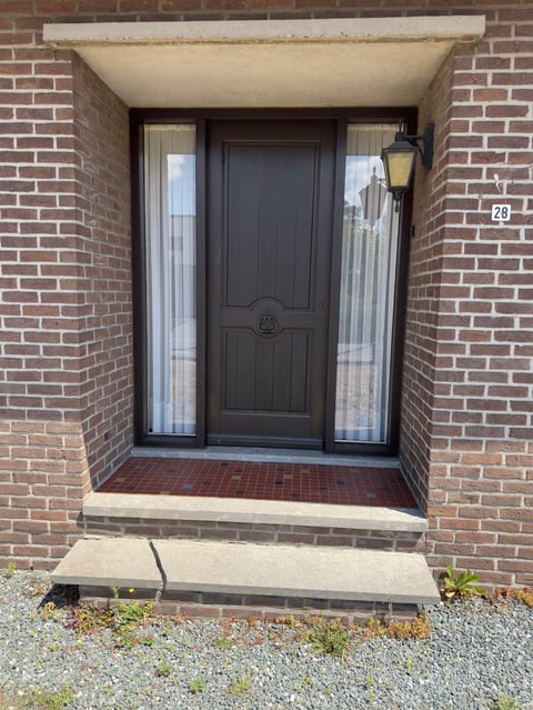 Front entrance of a brick home with a black arched door, white-framed sidelights, and a light fixture above the doorway
